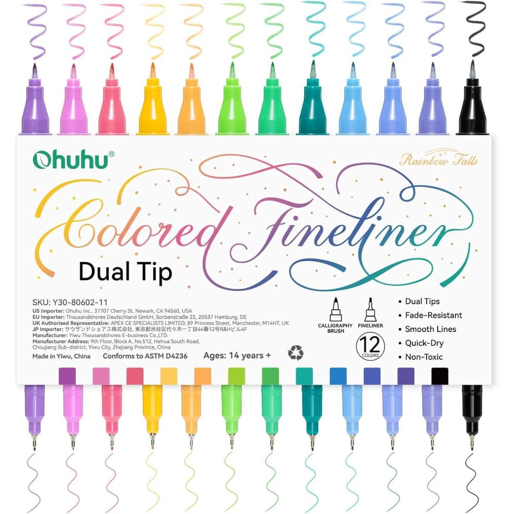 image:imageOhuhu Brush amp Fineliner Dual Tips Colored Drawing Pens 12 Colors Waterproof amp Alcoholproof Brush Micro Pens for Adults Artists amp Beginners Drawing Sketching Bullet Journal Outlining Office Class