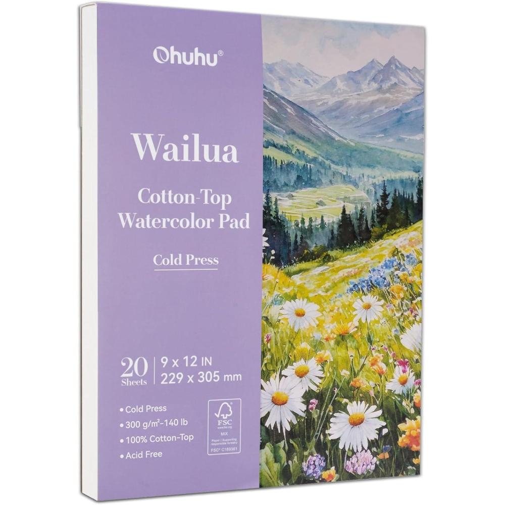 image:imageOhuhu CottonTop Watercolor Paper Pad 9x12 Hot Press 140lb300gsm Heavyweight 20 Sheets40 Pages Patented CottonCoated Surface for Watercolor Gouache Ink amp AcrylicCold Press