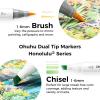 Ohuhu Alcohol Markers Brush Tip – 120-color AP Certificated Double Tipped Art Marker Set for Artist Adults Cozy Coloring Drawing Illustration – Brush and Fine Dual Tips – Honolulu 2B – Refillable(Brush & Chisel)