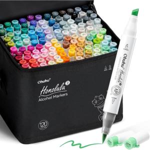 Ohuhu Alcohol Markers Brush Tip – 120-color AP Certificated Double Tipped Art Marker Set for Artist Adults Cozy Coloring Drawing Illustration – Brush and Fine Dual Tips – Honolulu 2B – Refillable(Brush & Chisel)