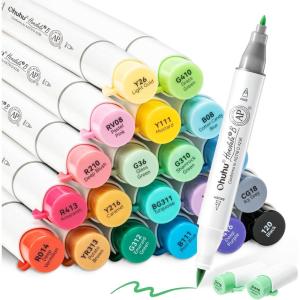 Ohuhu Alcohol Markers Brush Tip, AP Certificated 24 Basic Colors Double Tipped Alcohol Based Art Marker Set for Artist Sketching Adult Coloring Illustration – Brush & Fine Dual Tips – Honolulu 2B(Brush & Fine)