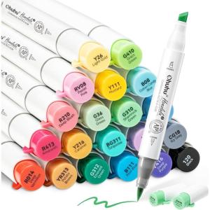 Ohuhu Alcohol Markers Brush Tip, AP Certificated 24 Basic Colors Double Tipped Alcohol Based Art Marker Set for Artist Sketching Adult Coloring Illustration – Brush & Fine Dual Tips – Honolulu 2B(Brush & Chisel)