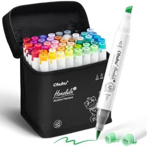 Ohuhu Alcohol Markers Brush and Fine Tip – 48-Color Alcohol-based Art Sketch Marker Set for Artist Adults Coloring Illustration – Brush and Fine Dual Tips- Honolulu 2B – Refillable – AP Certificated(Brush & Chisel)