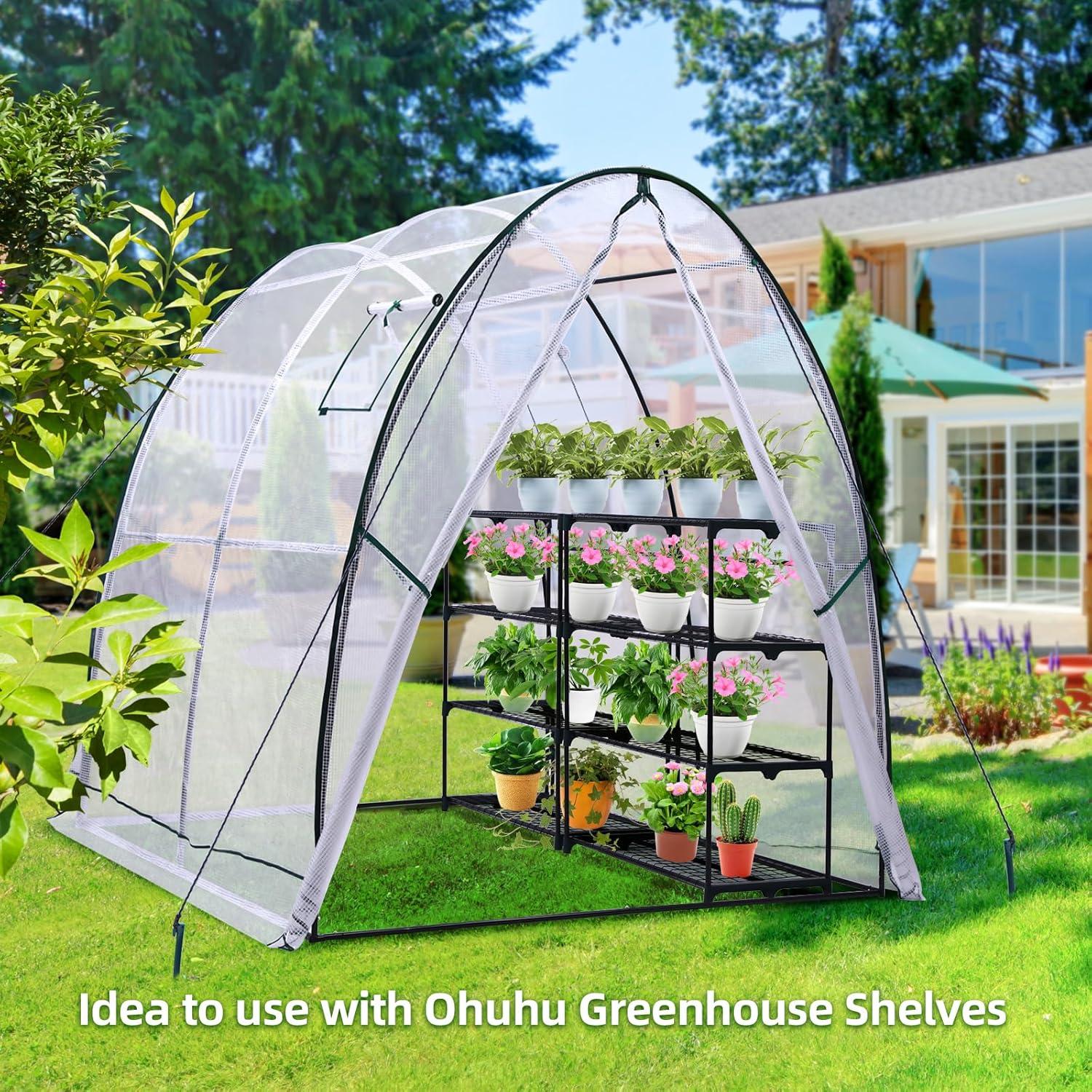 image:imageOhuhu Portable Tunnel Greenhouse Outdoor Heavy Duty Small Walk in Green House with Mesh Windows Reinforced Metal Base Durable Plastic PE Cover for Outside Free Tool to Install 59x59x66 FTWhite