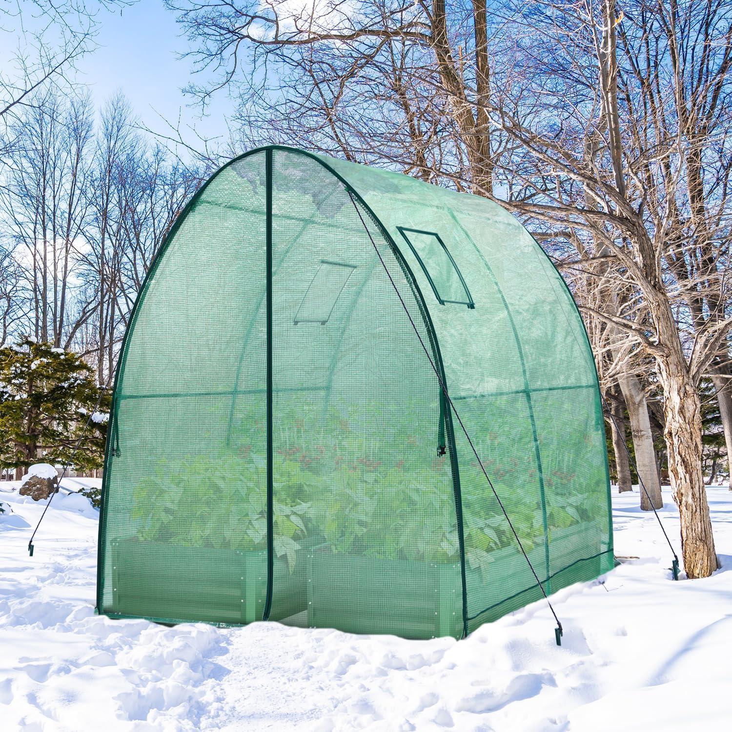 image:imageOhuhu Portable Tunnel Greenhouse Outdoor Heavy Duty Small Walk in Green House with Mesh Windows Reinforced Metal Base Durable Plastic PE Cover for Outside Free Tool to Install 59x59x66 FTGreen