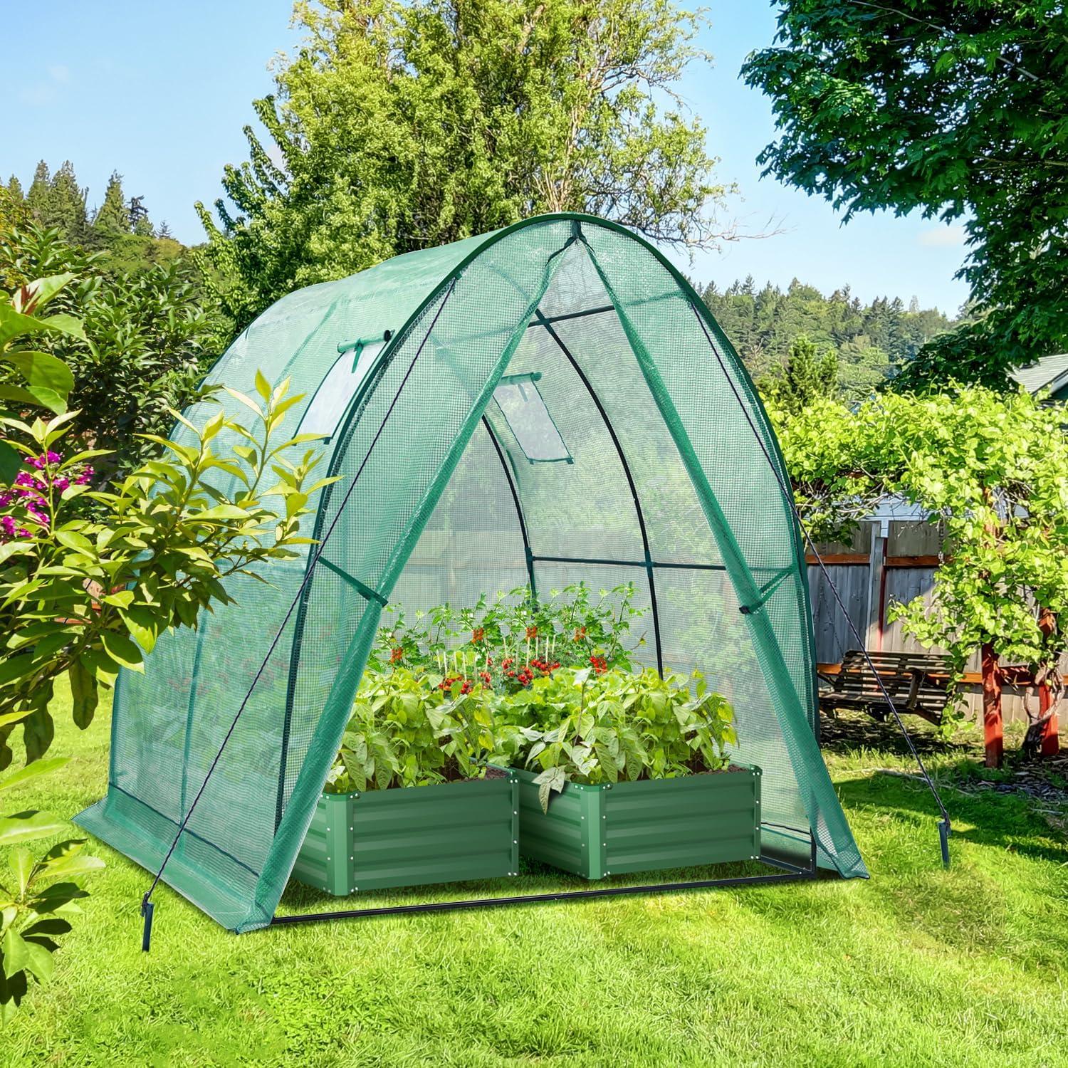 image:imageOhuhu Portable Tunnel Greenhouse Outdoor Heavy Duty Small Walk in Green House with Mesh Windows Reinforced Metal Base Durable Plastic PE Cover for Outside Free Tool to Install 59x59x66 FTGreen