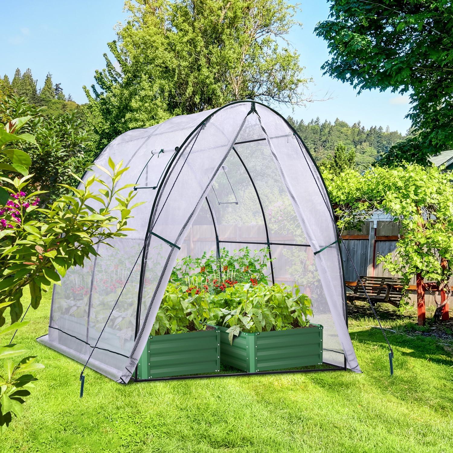 image:imageOhuhu Portable Tunnel Greenhouse Outdoor Heavy Duty Small Walk in Green House with Mesh Windows Reinforced Metal Base Durable Plastic PE Cover for Outside Free Tool to Install 59x59x66 FTWhite
