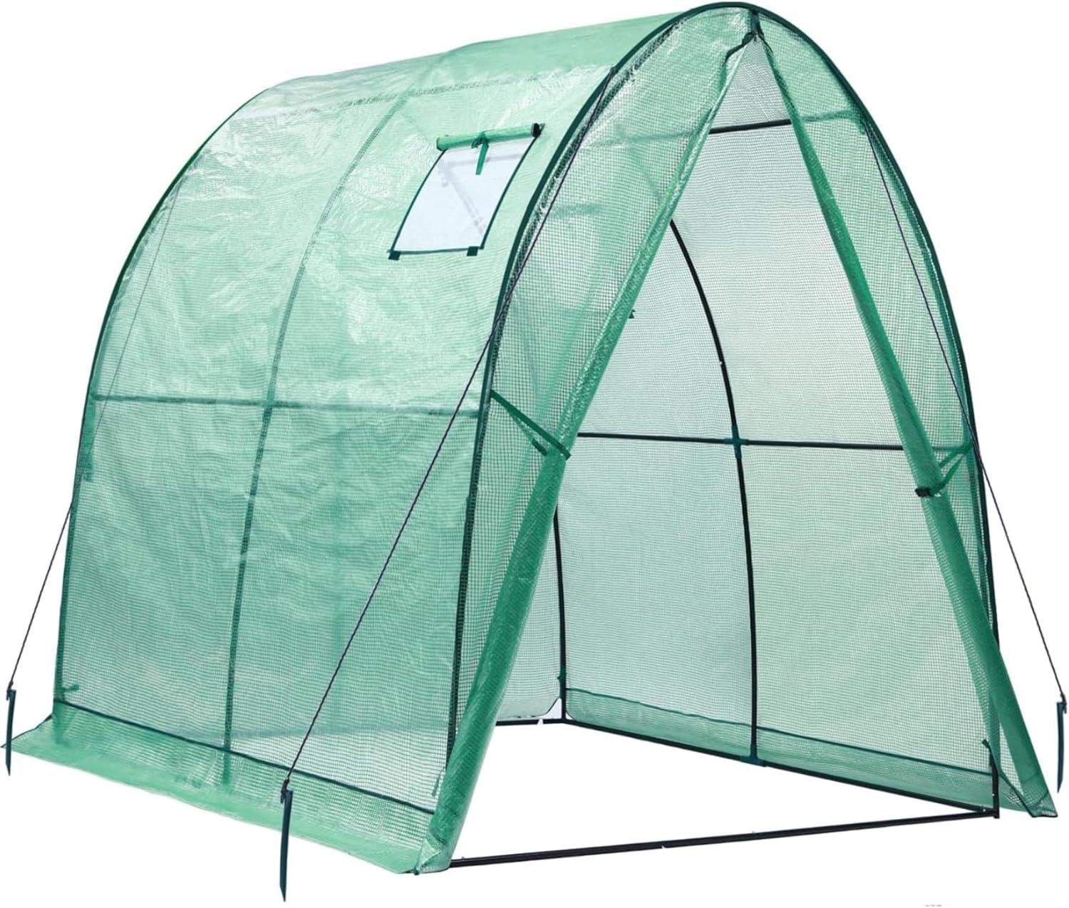 image:imageOhuhu Portable Tunnel Greenhouse Outdoor Heavy Duty Small Walk in Green House with Mesh Windows Reinforced Metal Base Durable Plastic PE Cover for Outside Free Tool to Install 59x59x66 FTGreen