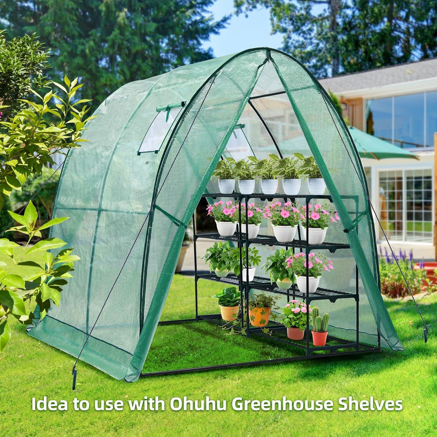image:imageOhuhu Portable Tunnel Greenhouse Outdoor Heavy Duty Small Walk in Green House with Mesh Windows Reinforced Metal Base Durable Plastic PE Cover for Outside Free Tool to Install 59x59x66 FTGreen