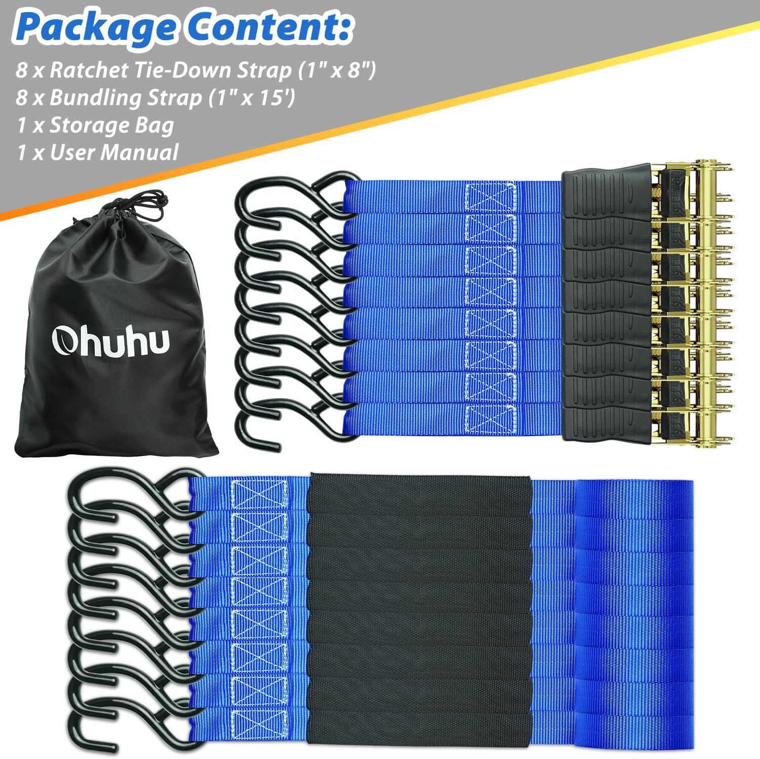 image:imageOhuhu Ratchet Tie Down Straps 16Pack 8Pack Orange 8Pack Blue
