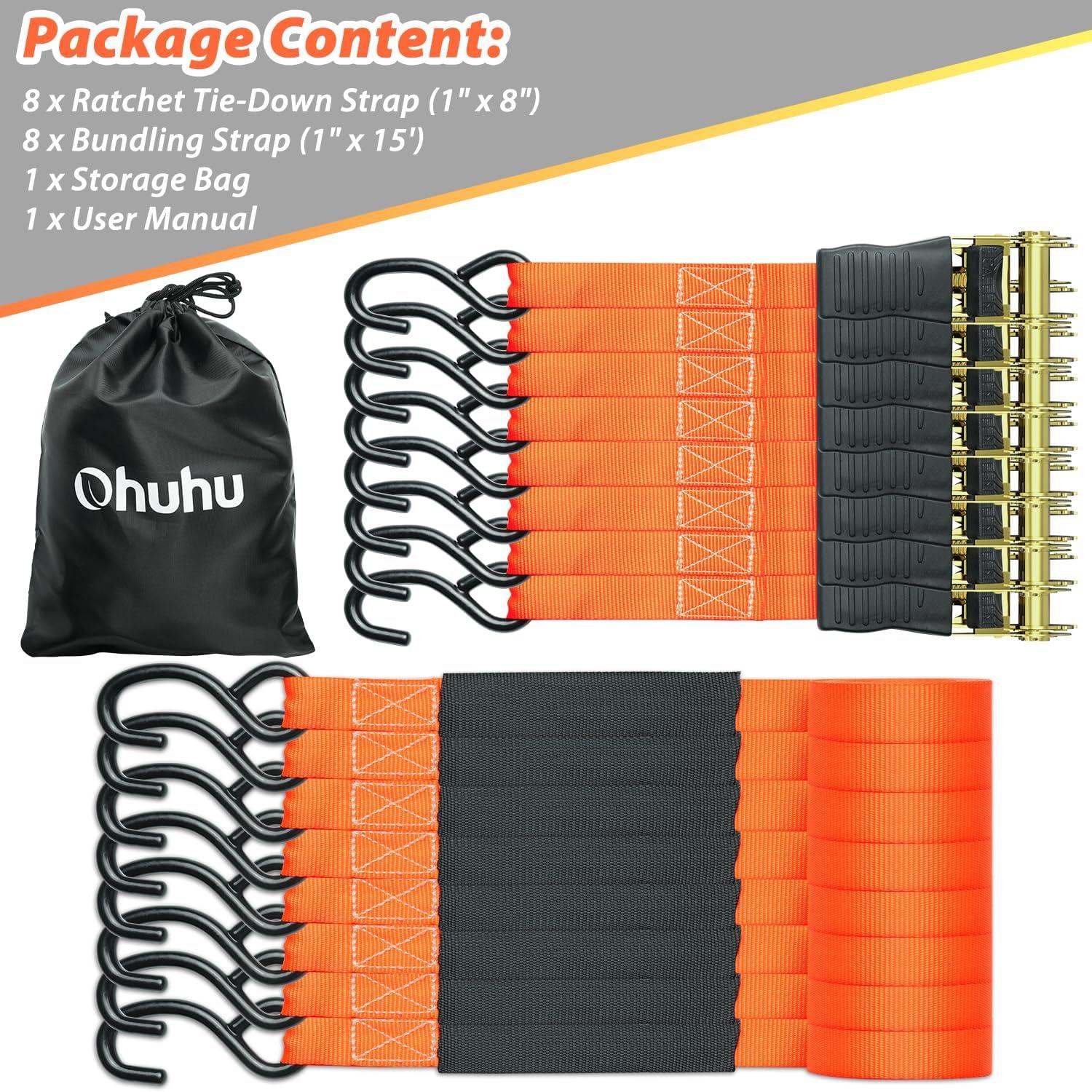 image:imageOhuhu Ratchet Tie Down Straps 16Pack 8Pack Orange 8Pack Blue
