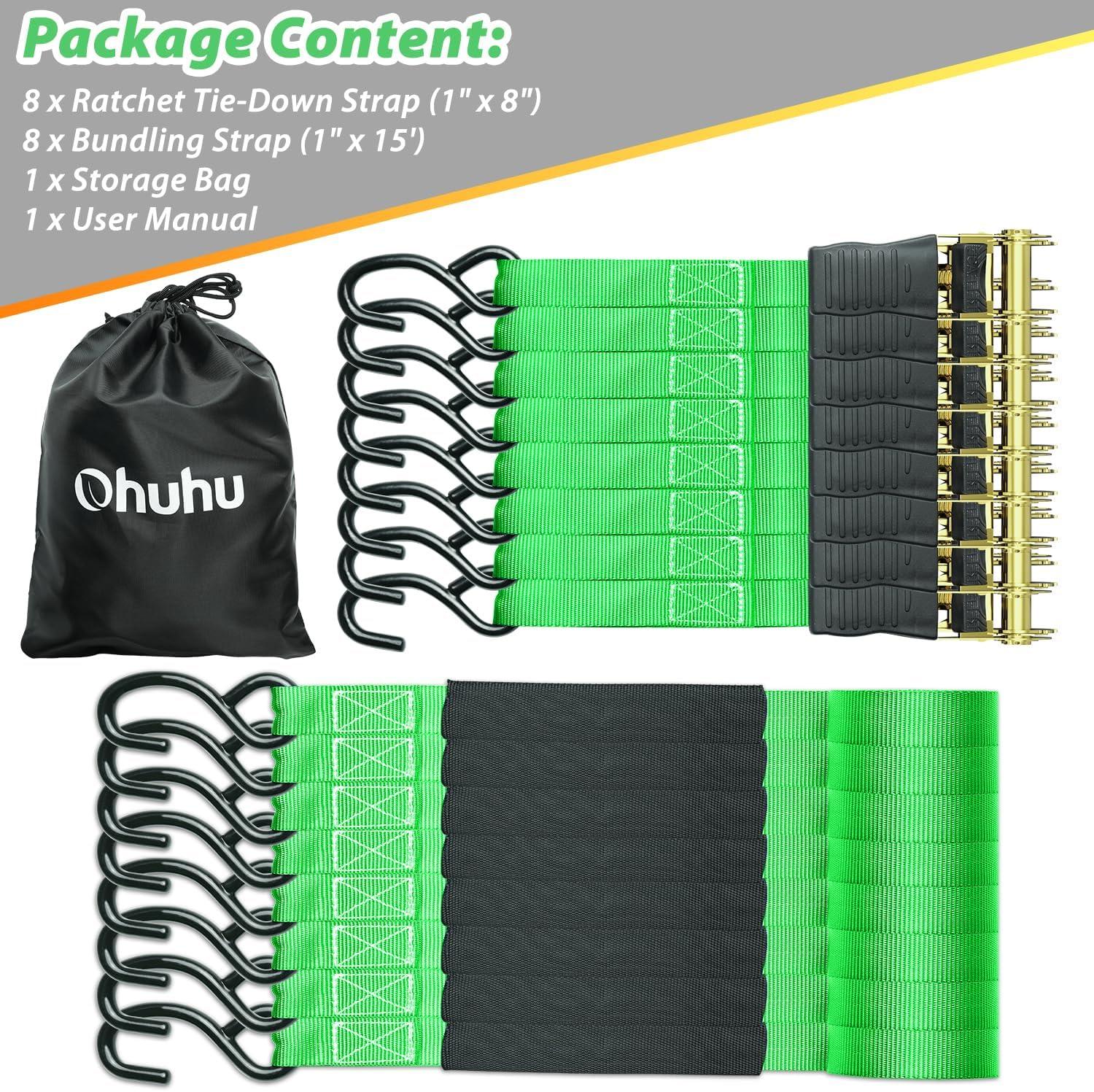 image:imageOhuhu Ratchet Tie Down Straps 16Pack 8Pack Orange 8Pack Green