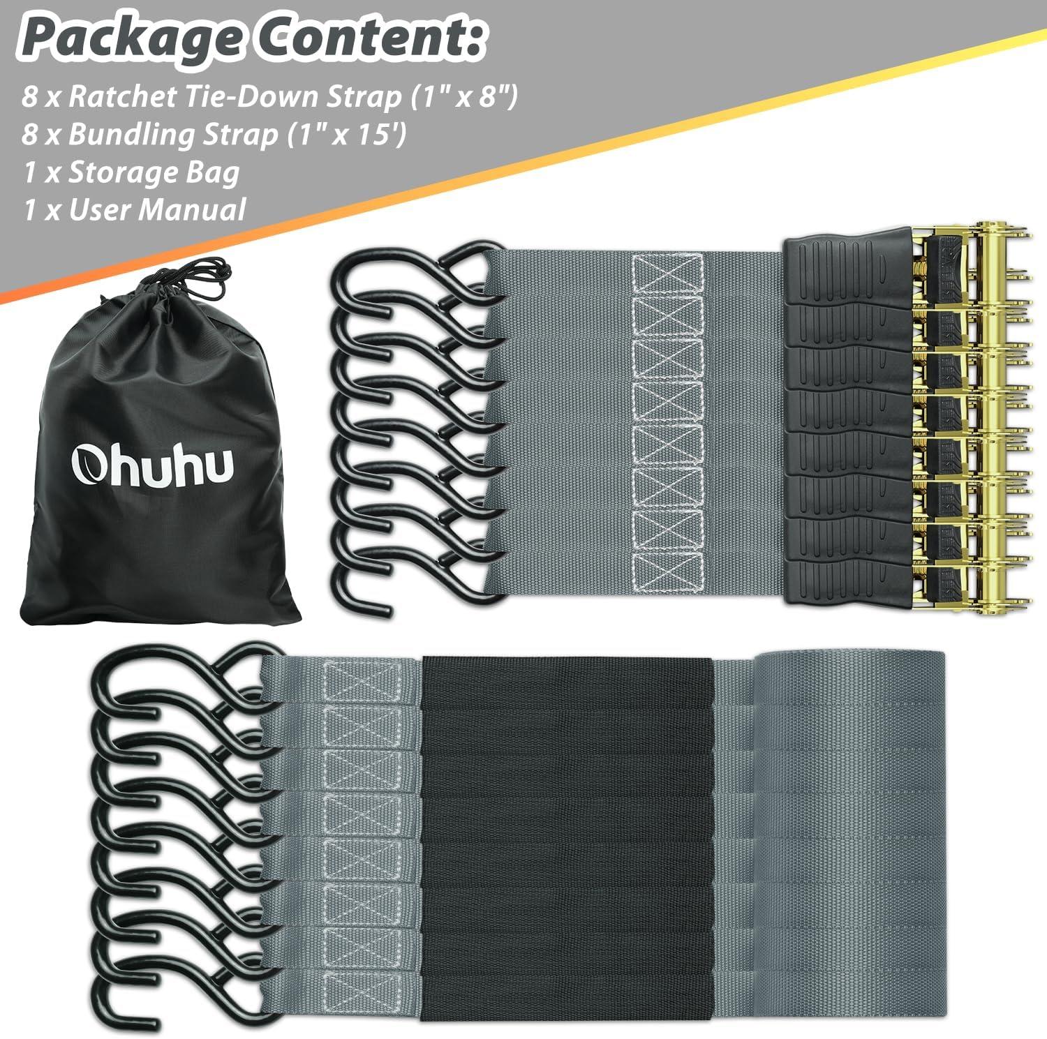 image:imageOhuhu Ratchet Tie Down Straps 16Pack 8Pack Orange 8Pack Grey