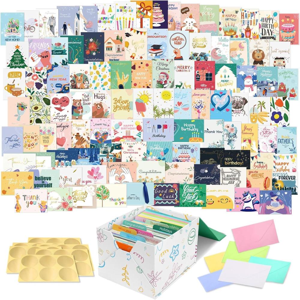 image:imageOhuhu 108Pack Large 5x7 AllOccasion Greeting Cards with Colorful Envelopes and Gold Stickers Box Set Assorted Greeting Cards with Card Organizer Included Birthday Cards Christmas Cards and More