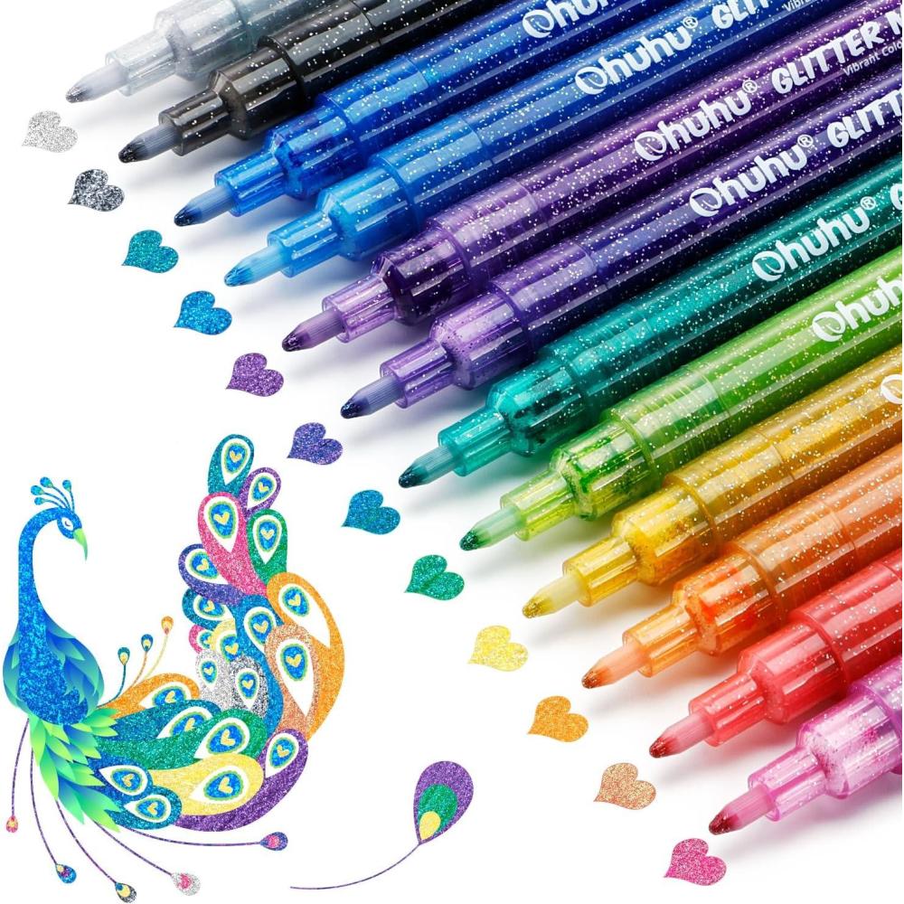 image:imageOhuhu Acrylic Glitter Markers 24 Metallic Glitter Colors Fine Tip Paint Pens for Fine Details amp Shimmer Accents WaterBased amp Quick Dry for DIY Crafts Cards Journals Wood amp Rock Painting12 Colors