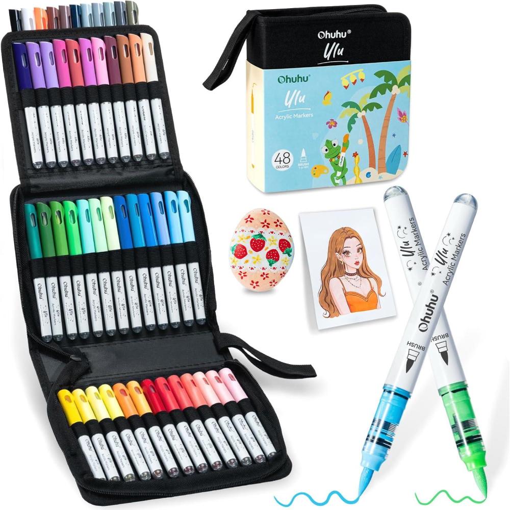 image:imageOhuhu Acrylic Paint Markers Brush Tip 48 Colors Automatic Ink Control Acrylic Markers Balanced Coverage Paint Pens Waterproof Lightfast for Rock Painting 3D Prints Wood DIY Crafts for Beginners Ulu