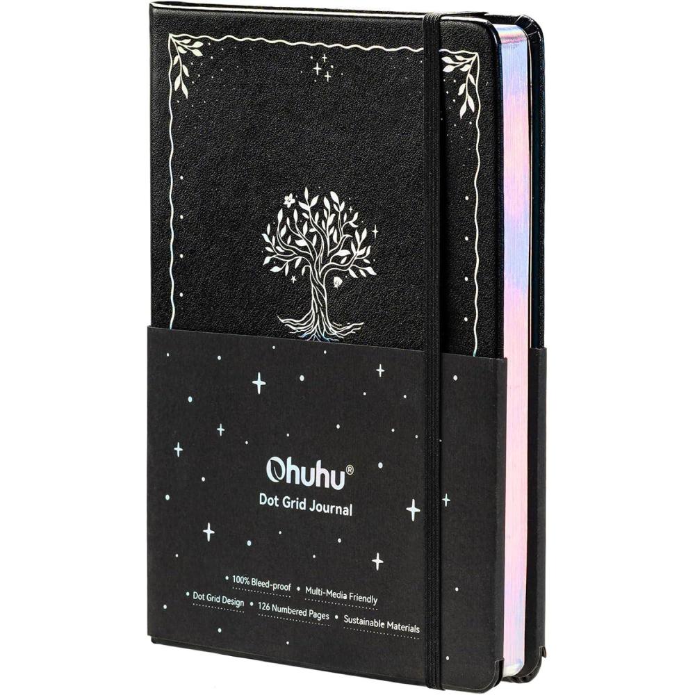 image:imageOhuhu Bullet Dotted Journal Notebook 126 Pages A5 Medium Size 57 x 83 Leather Hardcover Bleedproof 198 GSM Thick Paper for Journaling Planning Tracking