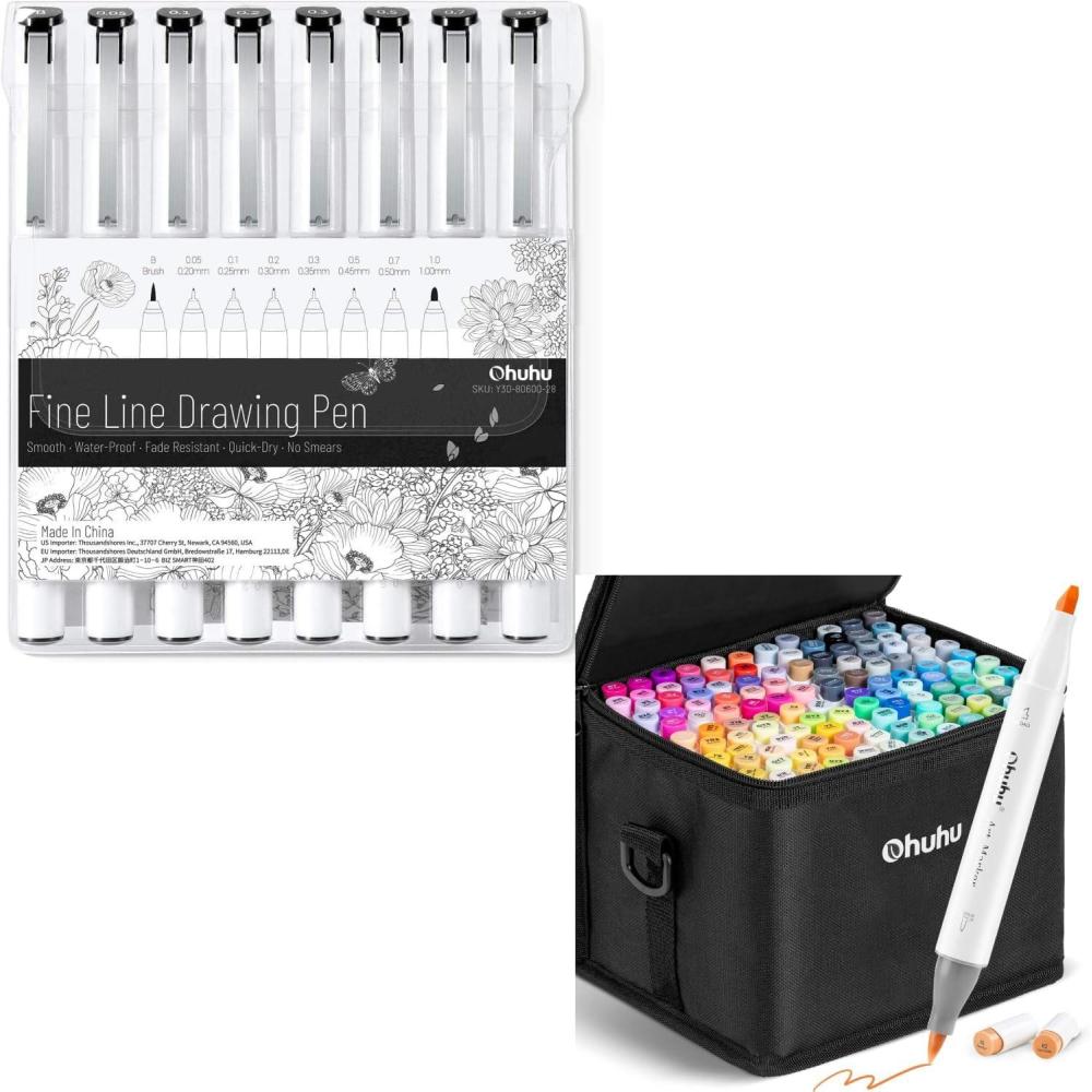 image:imageOhuhu Fineliner Pens 8 Sizes Micro Pens Pigment Black Ink Waterproof Alcohol Proof and Ohuhu Alcohol Markers Brush Chisel Tips 120 Colors Art Markers
