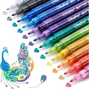 Ohuhu Acrylic Glitter Markers, 24 Metallic Glitter Colors, Fine Tip Paint Pens for Fine Details & Shimmer Accents, Water-Based & Quick Dry, for DIY Crafts, Cards, Journals, Wood & Rock Painting(12 Colors)