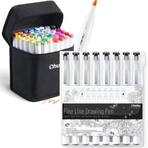 Ohuhu Fineliner Pens 8 Sizes Micro Pens Pigment Black Ink Waterproof Alcohol Proof Alcohol Markers Brush Chisel Tips 48 Colors Art Markers