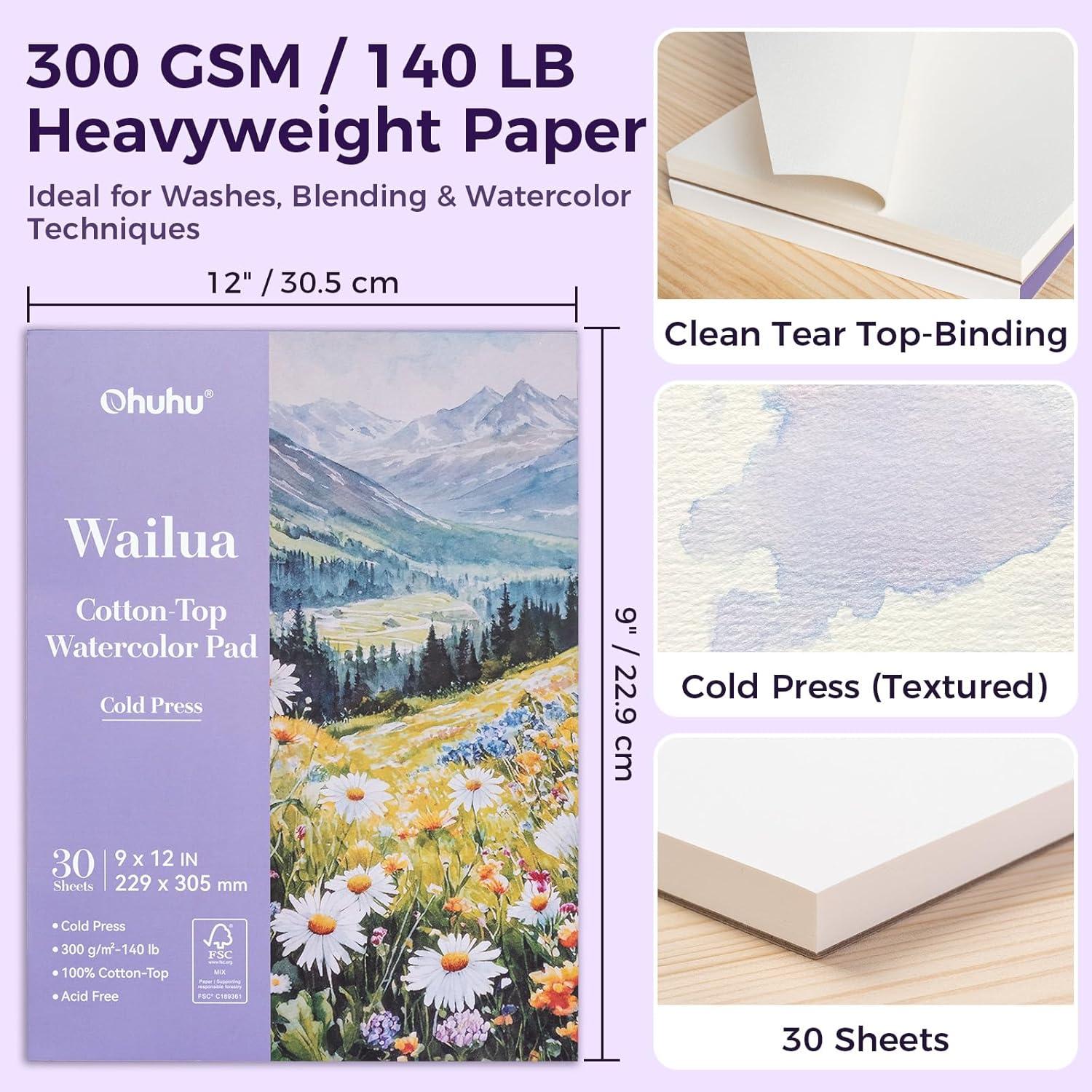 image:imageOhuhu CottonTop Watercolor Paper Pad 9x12 Cold Press Paper 140 lb300 GSM Heavyweight White Paper 30 Sheets60 Pages Water Color Paper for Watercolor Gouache Ink Acrylic Professional ArtistCold Press