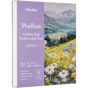 Ohuhu Cotton-Top Watercolor Paper Pad: 9″x12″ Cold Press Paper – 140 lb/300 GSM Heavyweight White Paper – 30 Sheets/60 Pages Water Color Paper for Watercolor Gouache Ink Acrylic Professional Artist(Cold Press)