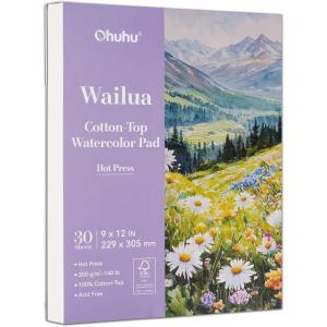 Ohuhu Cotton-Top Watercolor Paper Pad: 9″x12″ Cold Press Paper – 140 lb/300 GSM Heavyweight White Paper – 30 Sheets/60 Pages Water Color Paper for Watercolor Gouache Ink Acrylic Professional Artist(Hot Press)