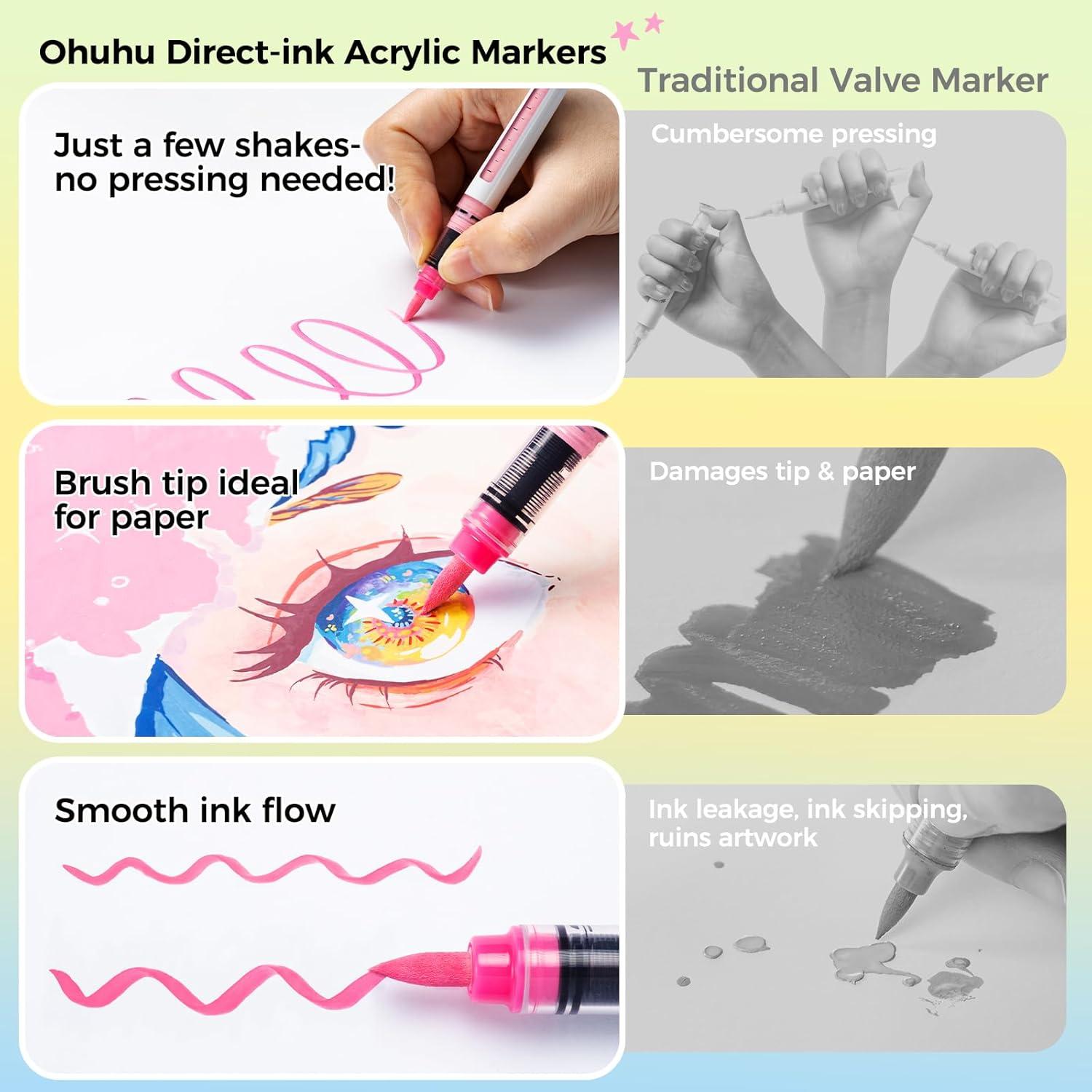 image:imageOhuhu Acrylic Paint Markers Brush Tip 48 Colors Automatic Ink Control Acrylic Markers High Opacity Paint Pens Waterproof Lightfast for Rock Painting 3D Prints Easter Eggs Wood DIY Crafts Kahuku