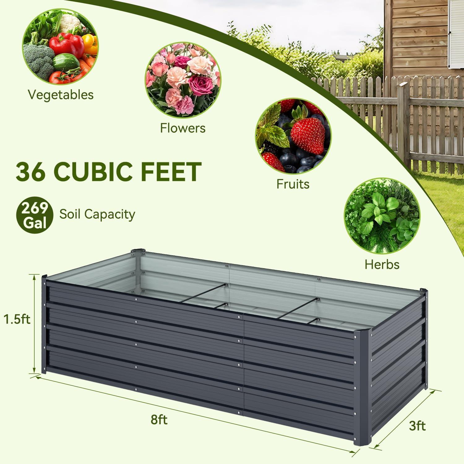 image:imageOhuhu Raised Garden Bed with Cover Outdoor 4x2x1 FT Galvanized Metal Planter Box with PVC Greenhouse Cover Protects Plants from Frost Birds Insects 3in1 Gardening Set for Vegetable Flower Herb8 x 3 x 15 ft