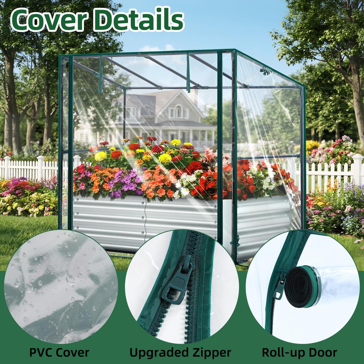 image:imageOhuhu Raised Garden Bed with Cover Outdoor 4x2x1 FT Galvanized Metal Planter Box with PVC Greenhouse Cover Protects Plants from Frost Birds Insects 3in1 Gardening Set for Vegetable Flower Herb4x2x1 ft