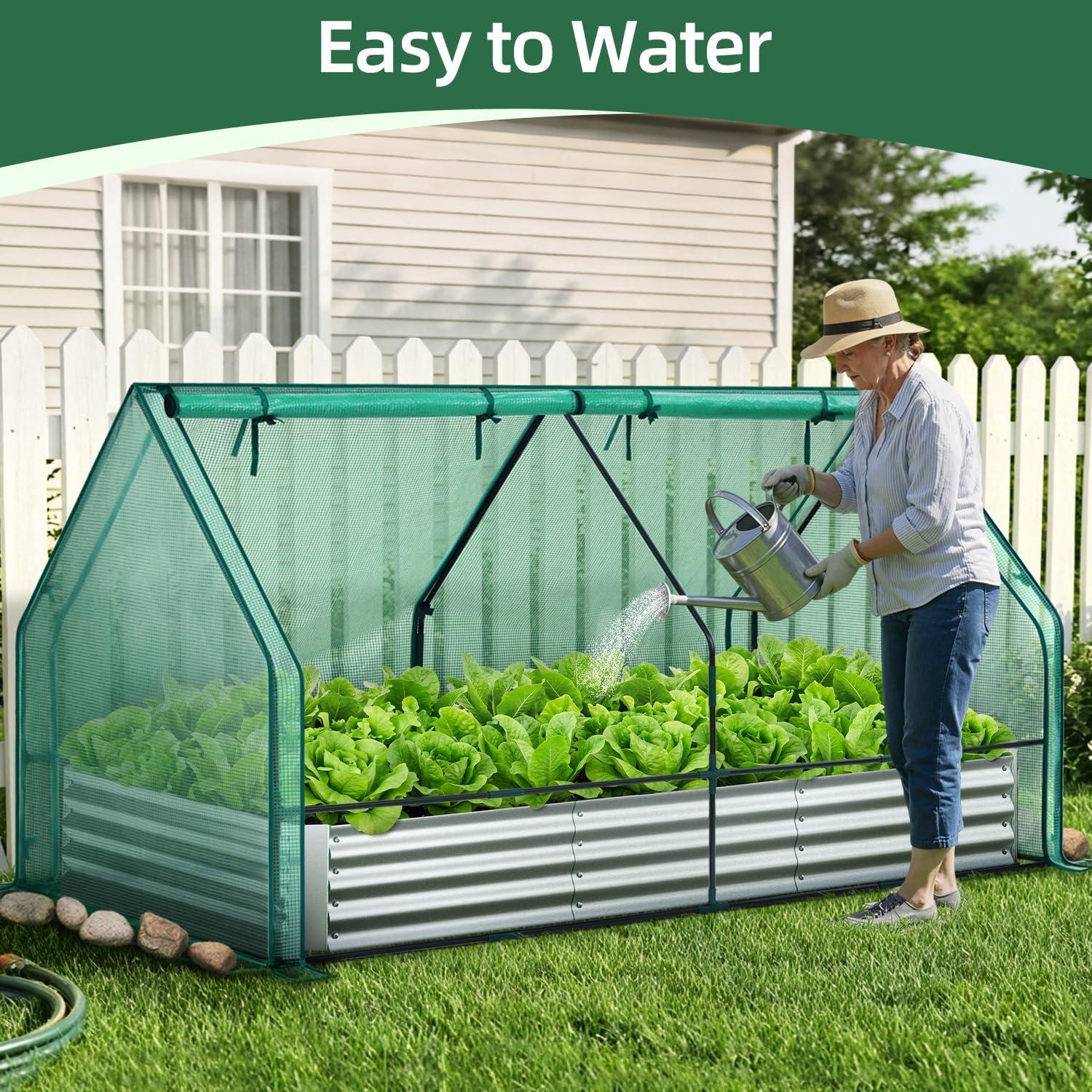 image:imageOhuhu Raised Garden Bed with Cover Outdoor 4x2x1 FT Galvanized Metal Planter Box with PVC Greenhouse Cover Protects Plants from Frost Birds Insects 3in1 Gardening Set for Vegetable Flower Herb8x4x1 Ft