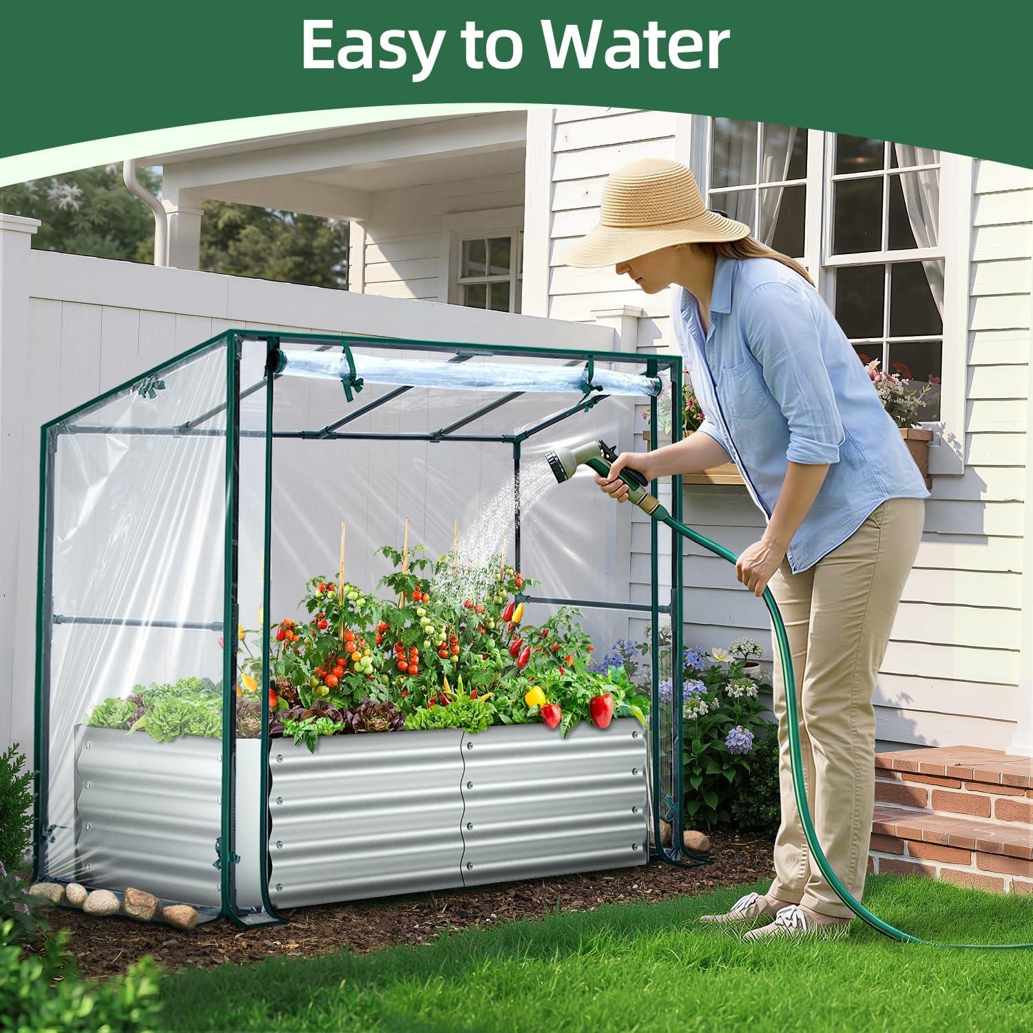 image:imageOhuhu Raised Garden Bed with Cover Outdoor 4x2x1 FT Galvanized Metal Planter Box with PVC Greenhouse Cover Protects Plants from Frost Birds Insects 3in1 Gardening Set for Vegetable Flower Herb4x2x1 ft