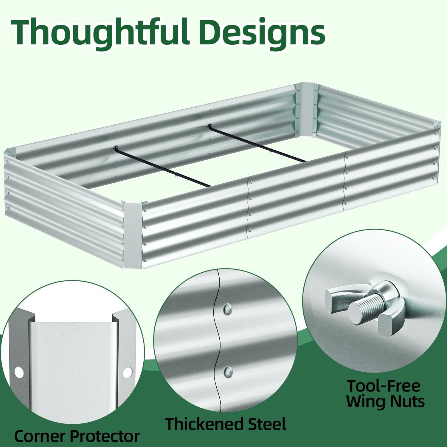 image:imageOhuhu Raised Garden Bed with Cover Outdoor 4x2x1 FT Galvanized Metal Planter Box with PVC Greenhouse Cover Protects Plants from Frost Birds Insects 3in1 Gardening Set for Vegetable Flower Herb8x4x1 Ft