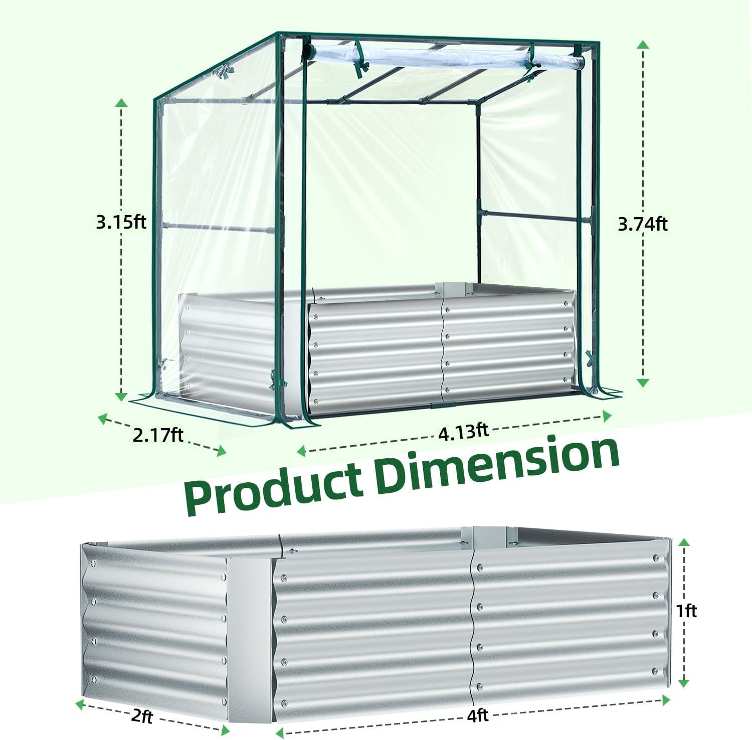 image:imageOhuhu Raised Garden Bed with Cover Outdoor 4x2x1 FT Galvanized Metal Planter Box with PVC Greenhouse Cover Protects Plants from Frost Birds Insects 3in1 Gardening Set for Vegetable Flower Herb4x2x1 ft