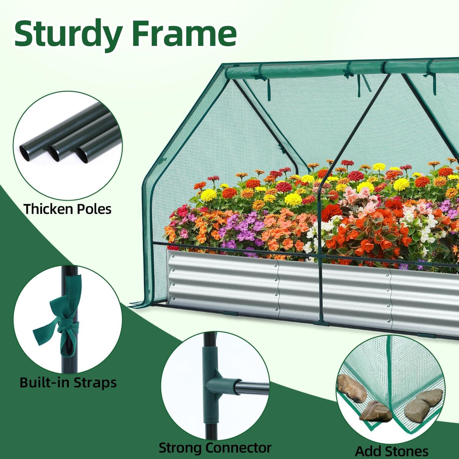 image:imageOhuhu Raised Garden Bed with Cover Outdoor 4x2x1 FT Galvanized Metal Planter Box with PVC Greenhouse Cover Protects Plants from Frost Birds Insects 3in1 Gardening Set for Vegetable Flower Herb8x4x1 Ft
