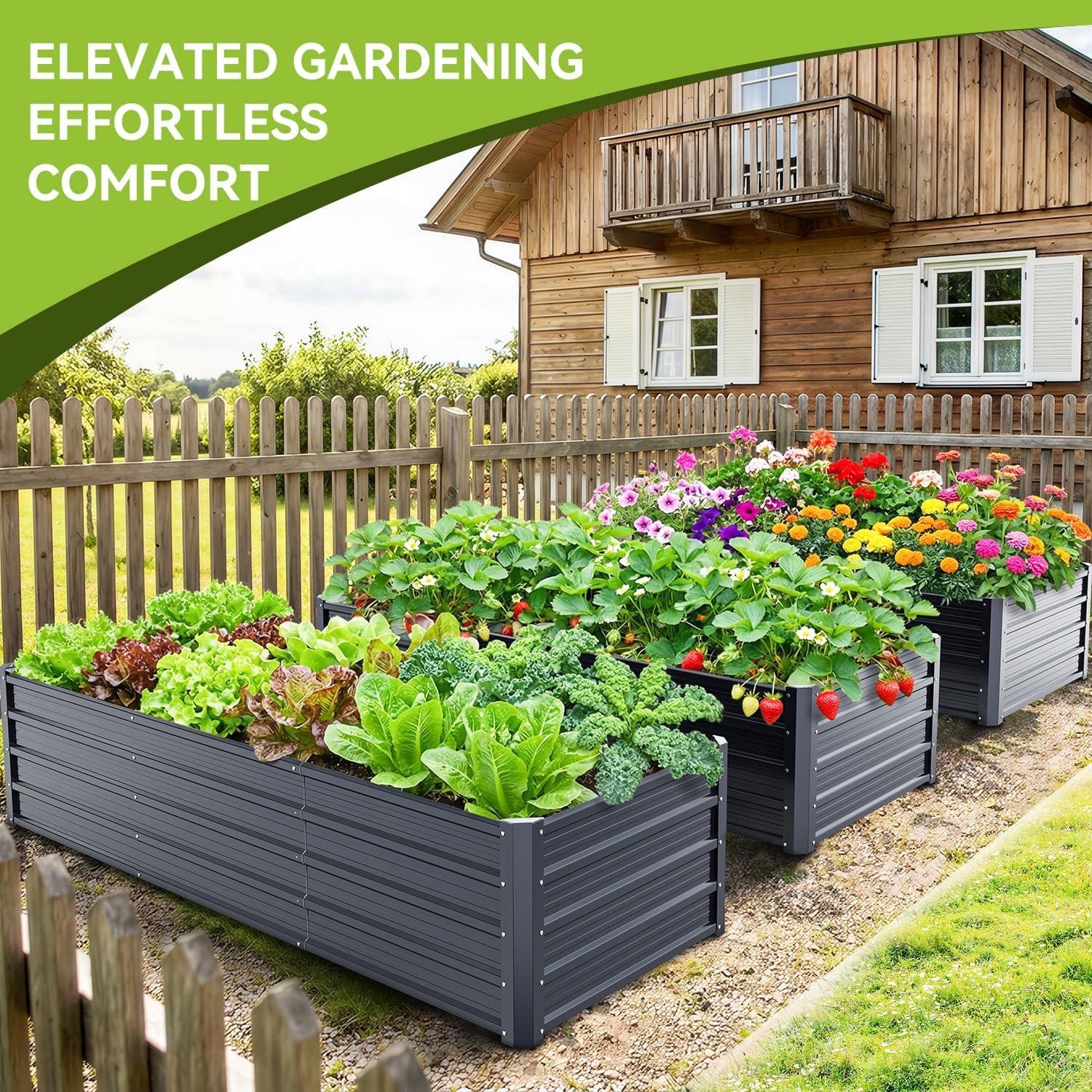 image:imageOhuhu Raised Garden Bed with Cover Outdoor 4x2x1 FT Galvanized Metal Planter Box with PVC Greenhouse Cover Protects Plants from Frost Birds Insects 3in1 Gardening Set for Vegetable Flower Herb8 x 3 x 15 ft