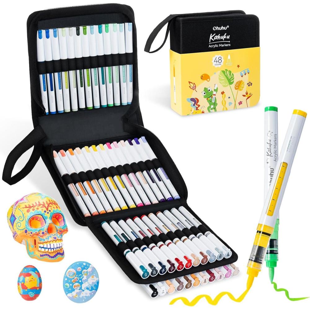image:imageOhuhu Acrylic Paint Markers Brush Tip 48 Colors Automatic Ink Control Acrylic Markers High Opacity Paint Pens Waterproof Lightfast for Rock Painting 3D Prints Easter Eggs Wood DIY Crafts  Kahuku