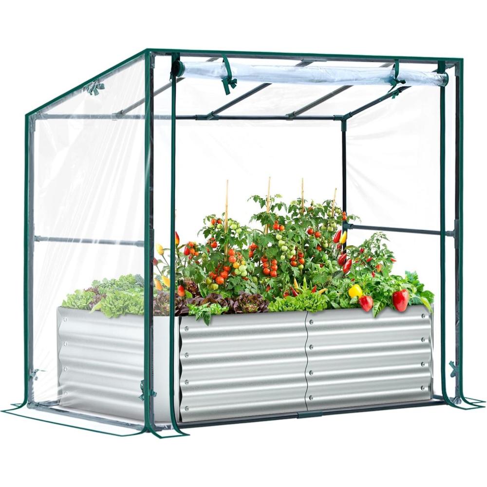 image:imageOhuhu Raised Garden Bed with Cover Outdoor 4x2x1 FT Galvanized Metal Planter Box with PVC Greenhouse Cover Protects Plants from Frost Birds Insects 3in1 Gardening Set for Vegetable Flower Herb4x2x1 ft