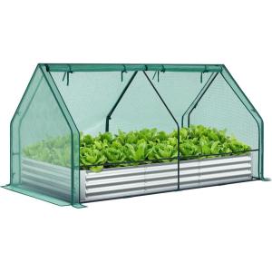 Ohuhu Raised Garden Bed with Cover Outdoor, 4x2x1 FT Galvanized Metal Planter Box with PVC Greenhouse Cover, Protects Plants from Frost Birds Insects, 3-in-1 Gardening Set for Vegetable Flower Herb(8x4x1 Ft)