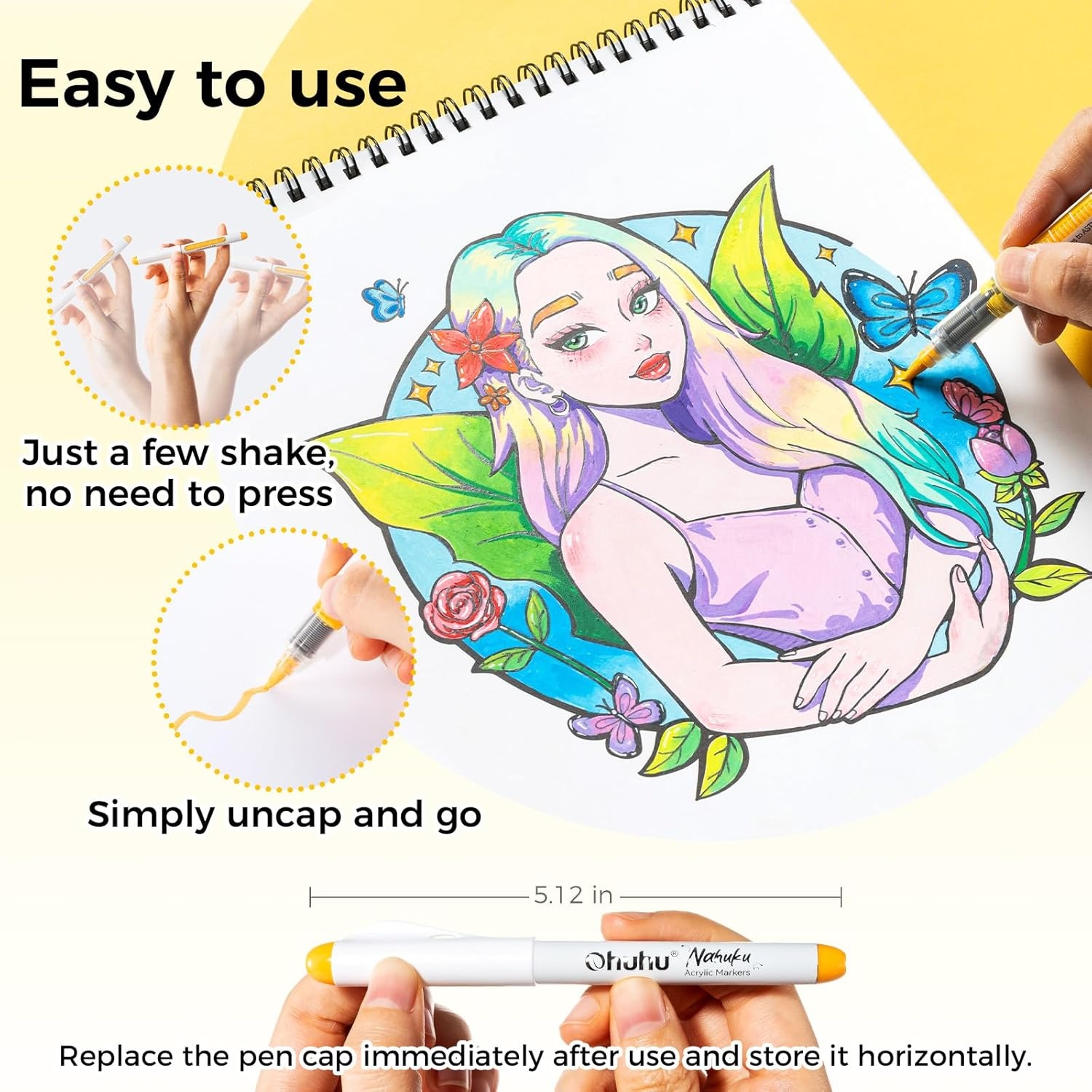 image:imageOhuhu Acrylic Paint Markers Brush Tip 72 Colors Automatic Ink Control Acrylic Markers High Opacity Paint Pens Waterproof Lightfast for Rock Painting 3D Prints Easter Eggs Wood DIY Crafts Nahuku24 Pack Brush