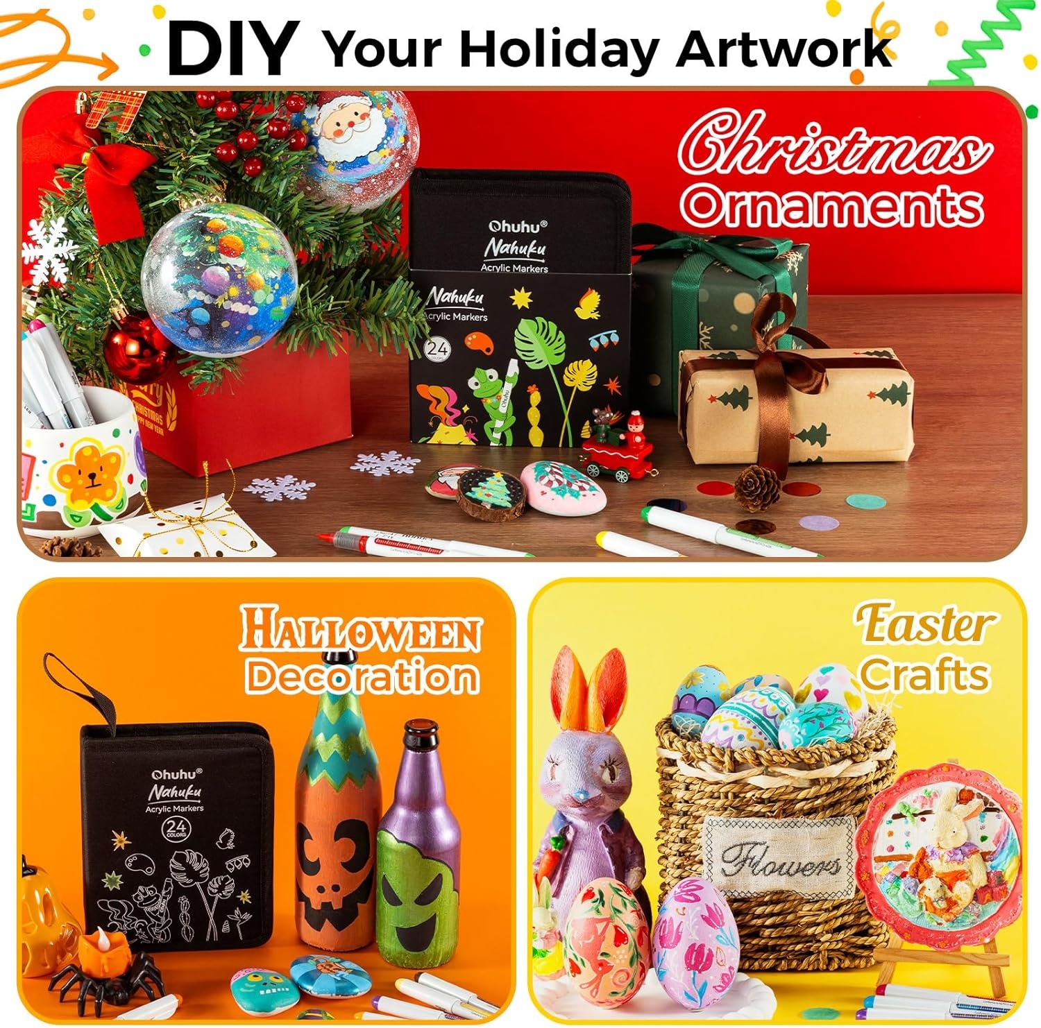 image:imageOhuhu Acrylic Paint Markers Brush Tip 72 Colors Automatic Ink Control Acrylic Markers High Opacity Paint Pens Waterproof Lightfast for Rock Painting 3D Prints Easter Eggs Wood DIY Crafts Nahuku24 Pack Brush