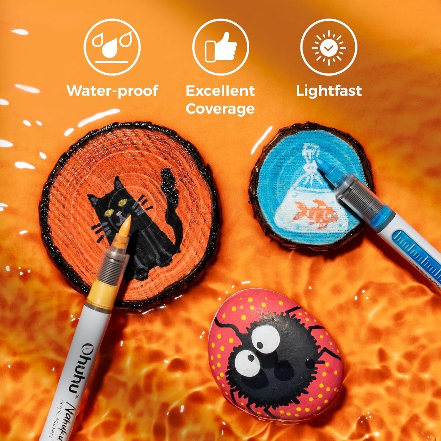 image:imageOhuhu Acrylic Paint Markers Brush Tip 72 Colors Automatic Ink Control Acrylic Markers High Opacity Paint Pens Waterproof Lightfast for Rock Painting 3D Prints Easter Eggs Wood DIY Crafts Nahuku72 Pack Brush