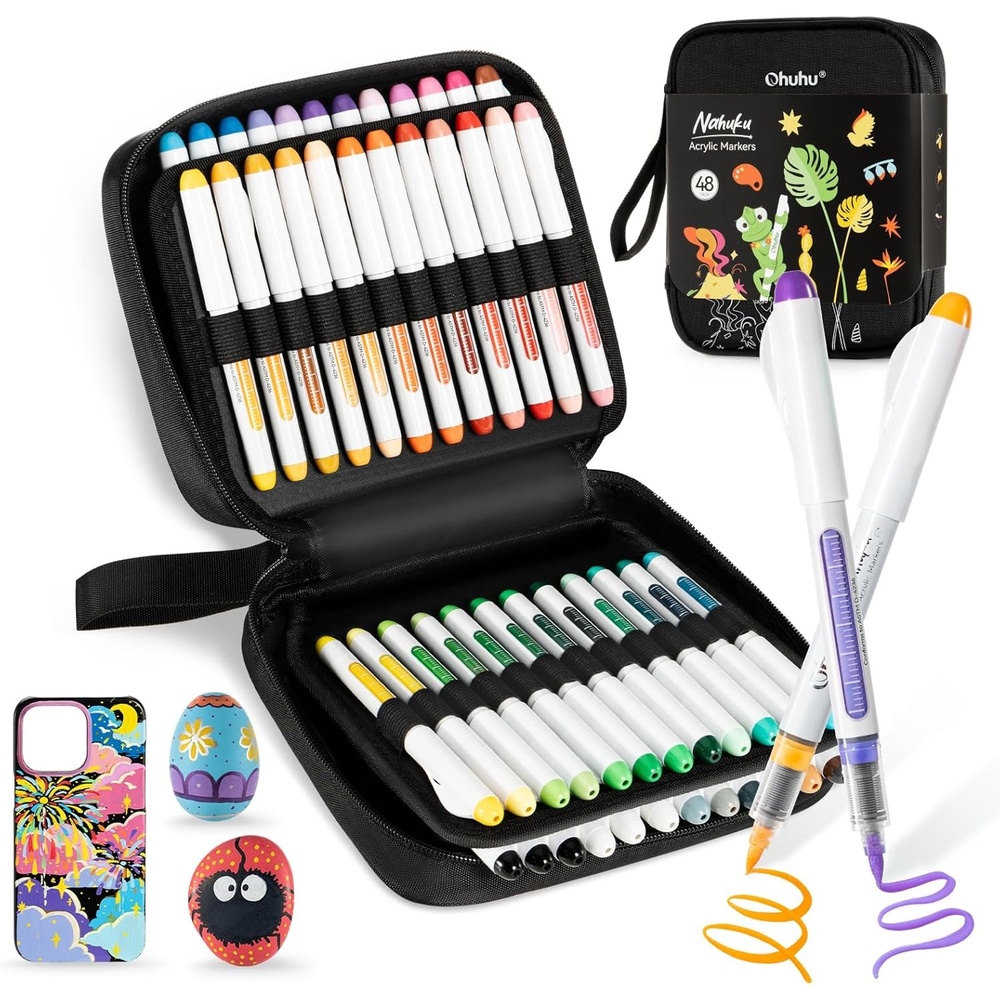 image:imageOhuhu Acrylic Paint Markers Brush Tip 72 Colors Automatic Ink Control Acrylic Markers High Opacity Paint Pens Waterproof Lightfast for Rock Painting 3D Prints Easter Eggs Wood DIY Crafts Nahuku48 Pack Brush