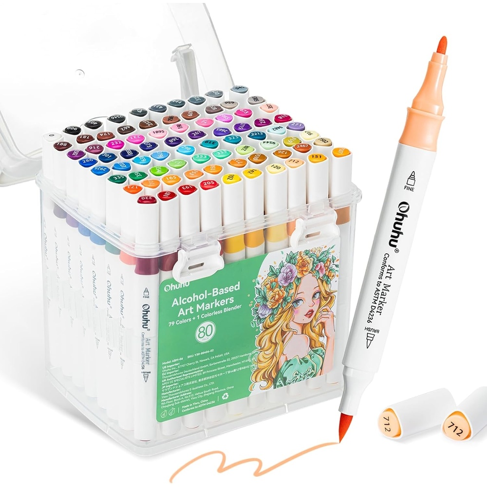 image:imageOhuhu Alcohol Markers 80 Colors Brush amp Fine Art Markers for Beginners Adults Coloring Drawing Dual Tips Alcoholbased Markers Gift Idea with Colorless Blender Storage Case Great Value Pack