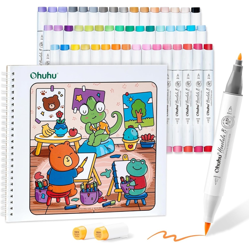 image:imageOhuhu Honolulu B 48 Colors Alcohol Markers with Coloring Book AP Certified Brush amp Fine Dual Tip Refillable Art Markers for Adult Coloring Illustration Stress Relieving Gift for Artists
